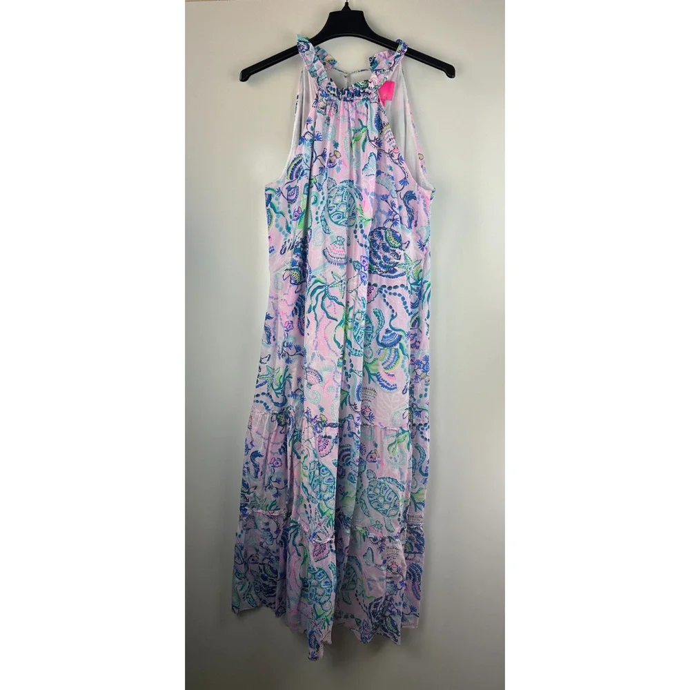 Lilly Pulitzer Everly Maxi Dress Mermaid Halter Ruffle Pink Sleeveless Size XL - Picture 2 of 16